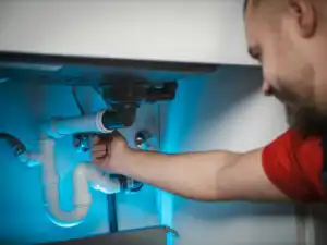 A man is engaged in plumbing work, fixing a pipe located under a kitchen sink.