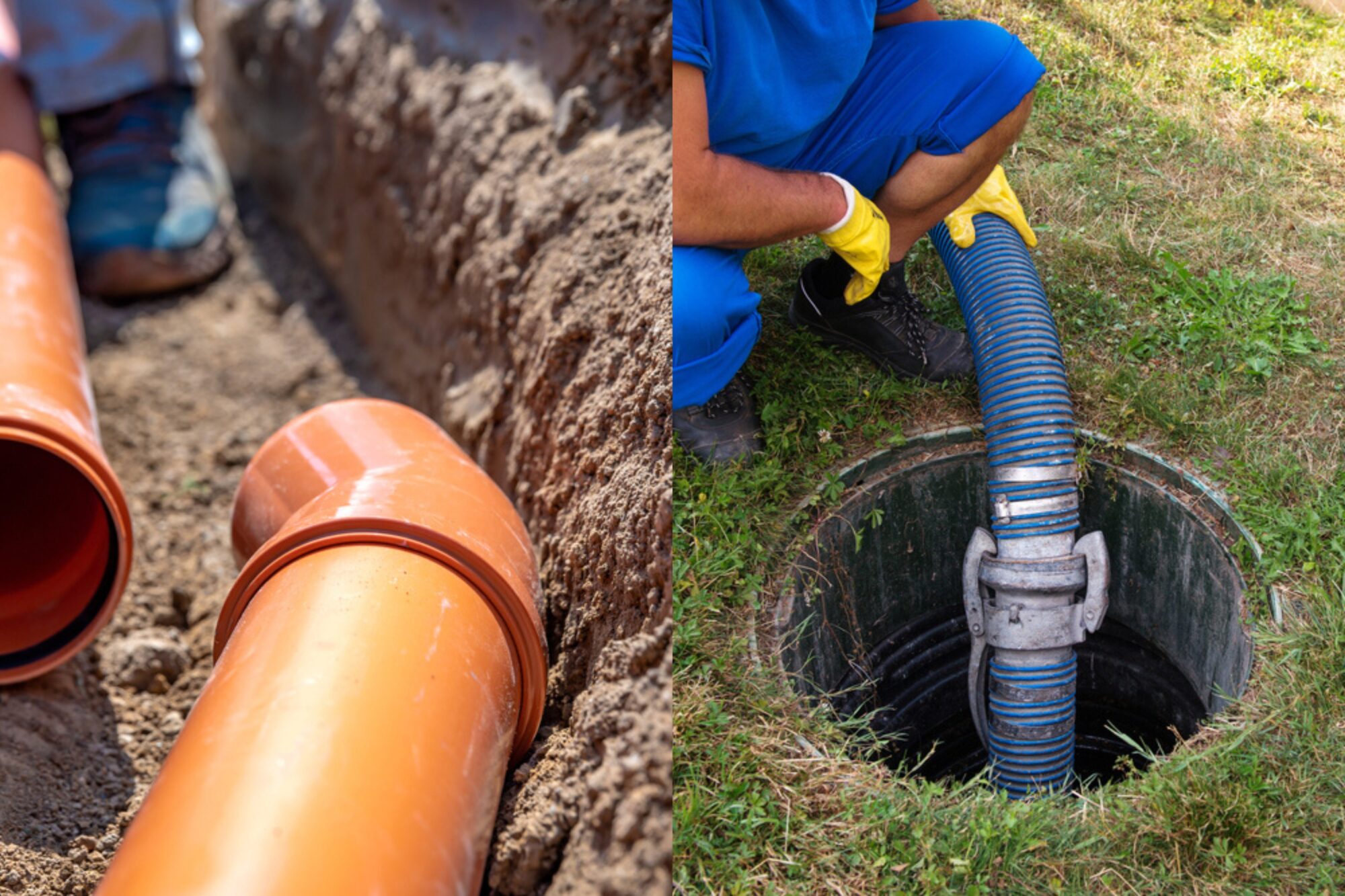 Side-by-side image of drainlaying and drain unblocking